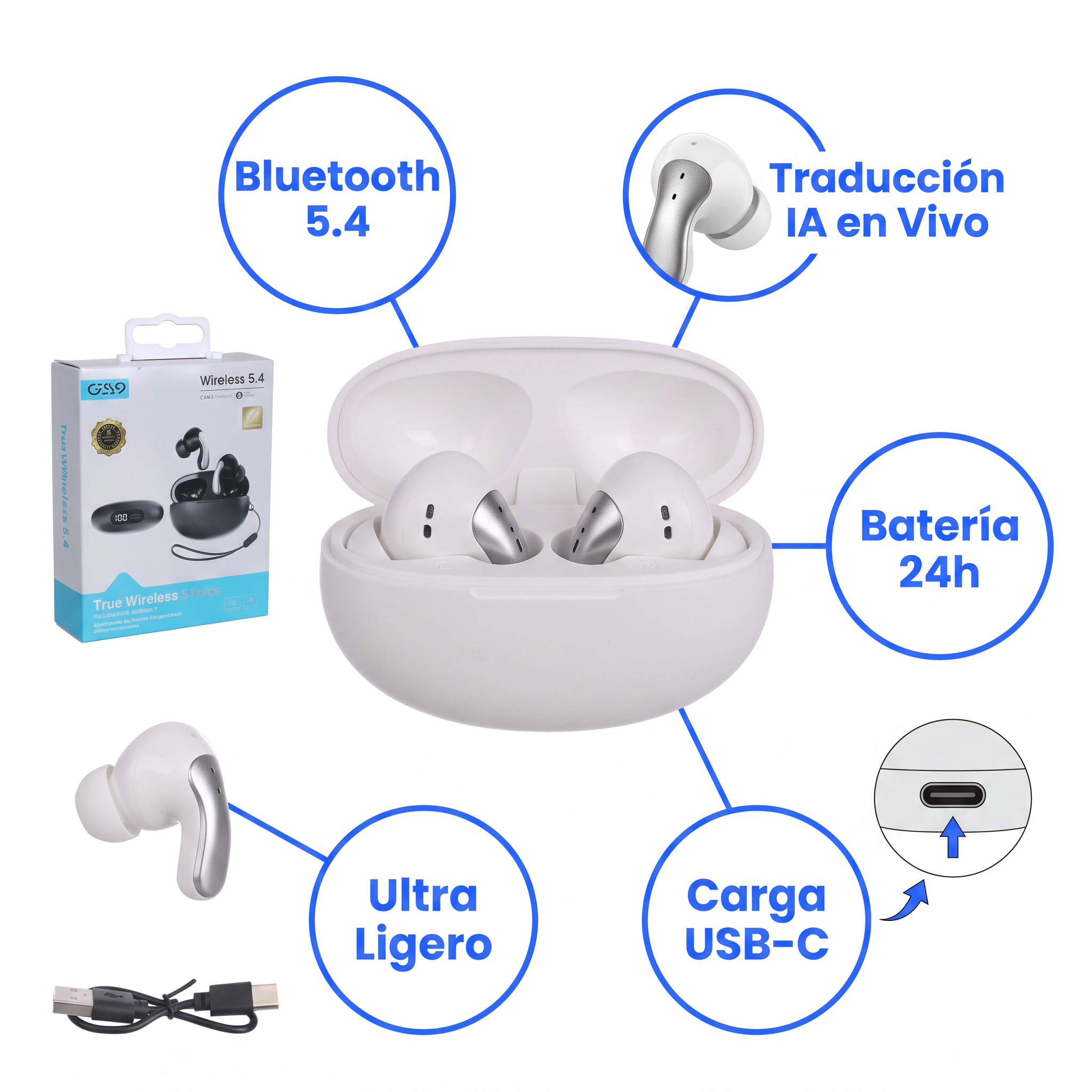 Audífonos TWS G59 "Wireless 5.4" (True Wireless) con función de traducción por IA
